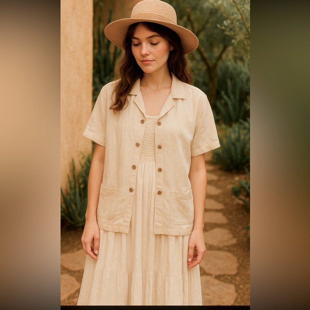 Erika & Co. Linen Cotton Short Sleeve Button Front Shirt Jacket Top L Beige